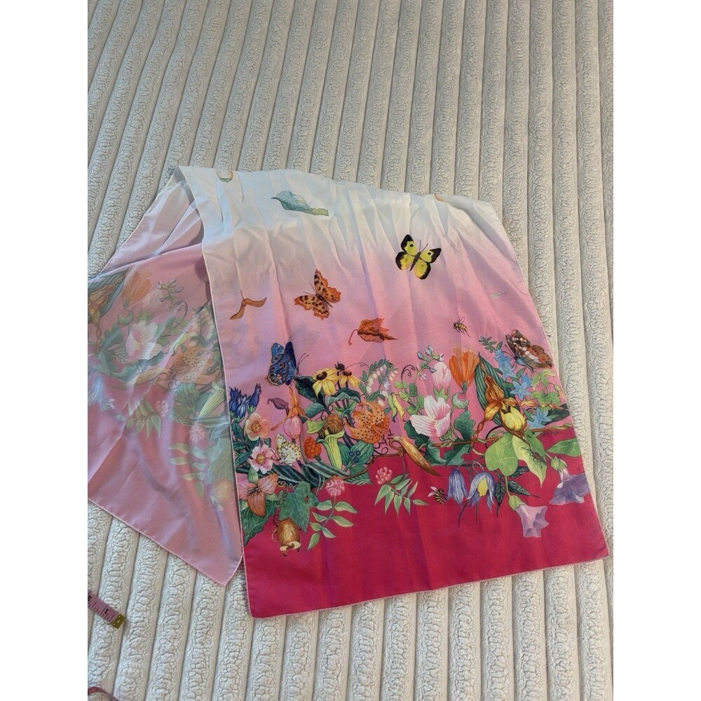 Vintage E Golz Rush Oblong Scarf pink Floral Garden Butterflies Bees 43"x16.75"
